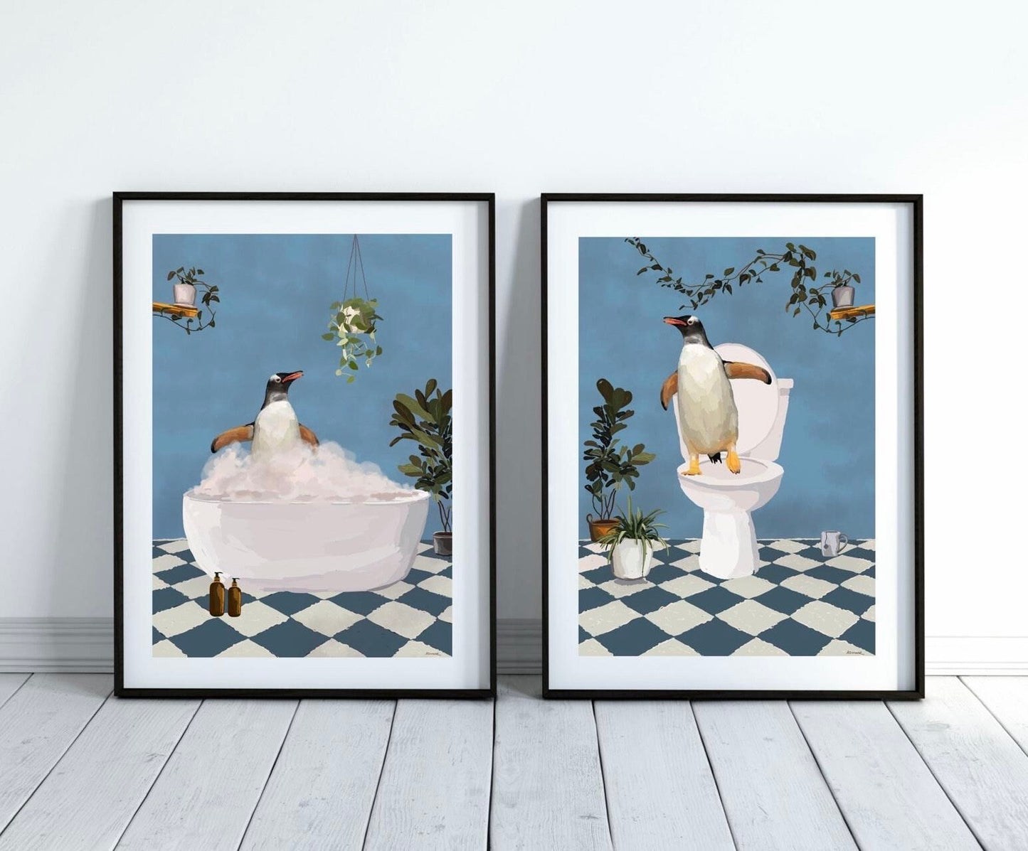 Set of Two Penguin Bathroom Prints