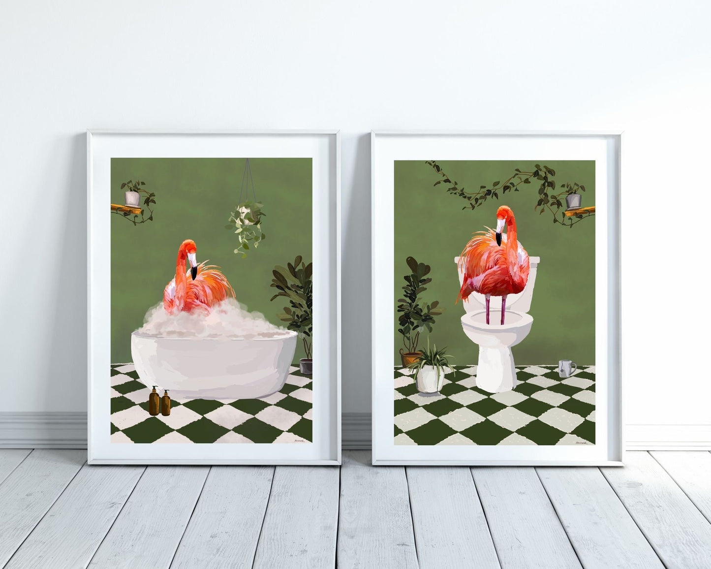 Set of Two Flamingo Bathroom Prints
