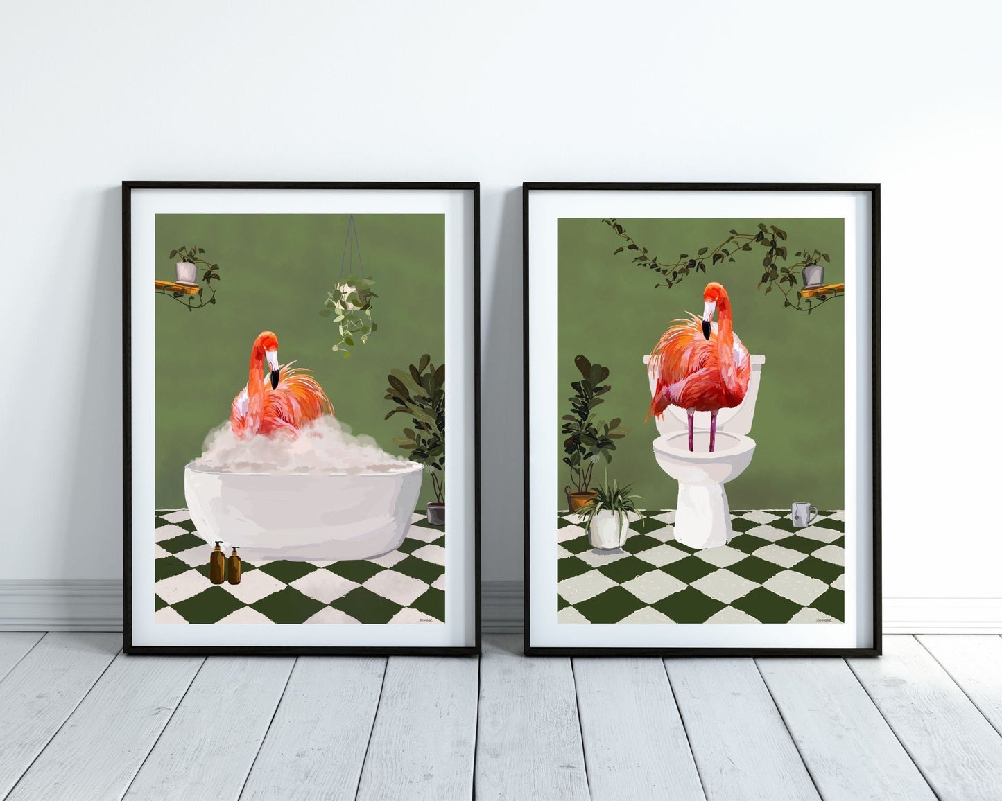 Set of Two Flamingo Bathroom Prints