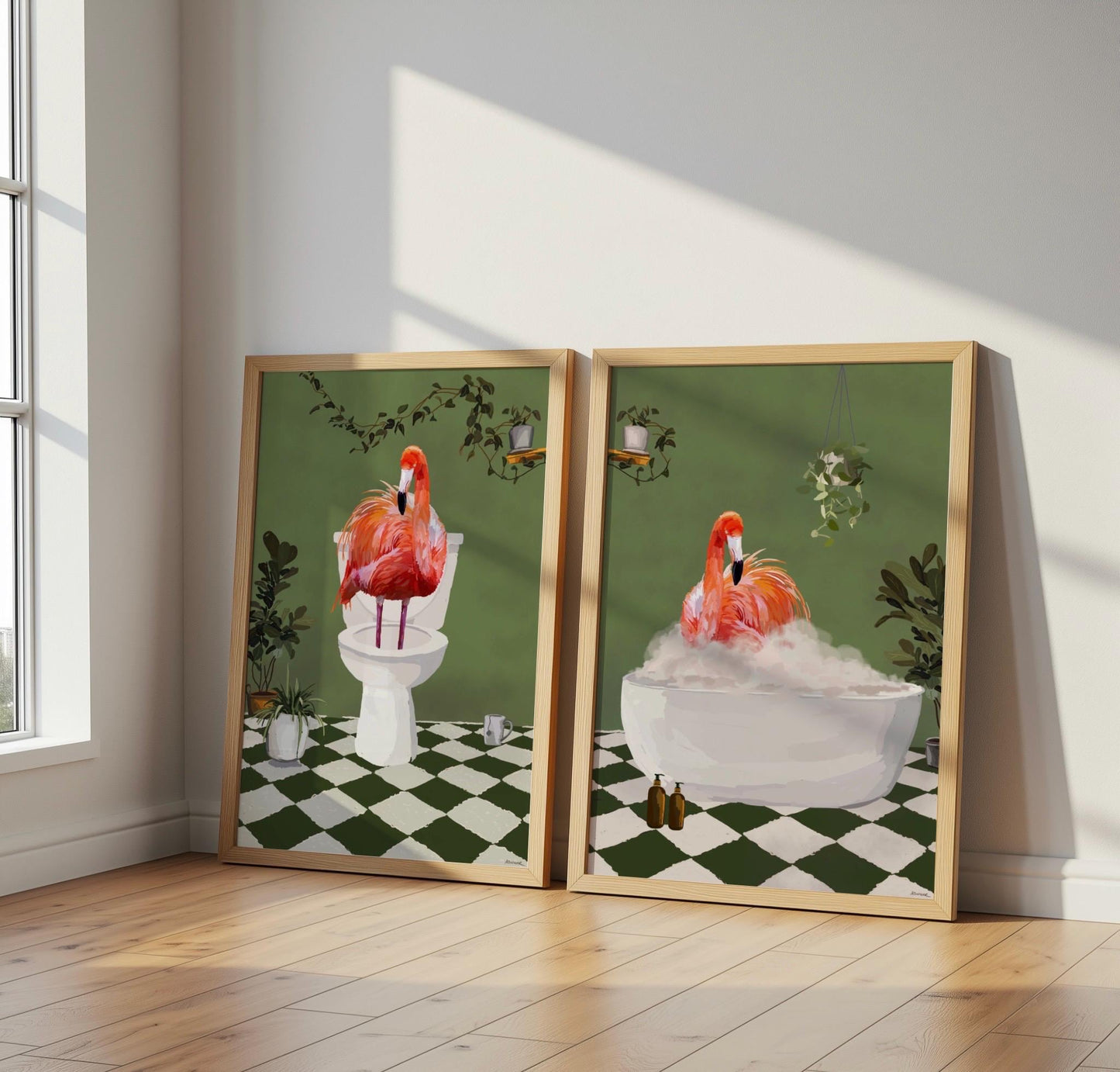 Set of Two Flamingo Bathroom Prints