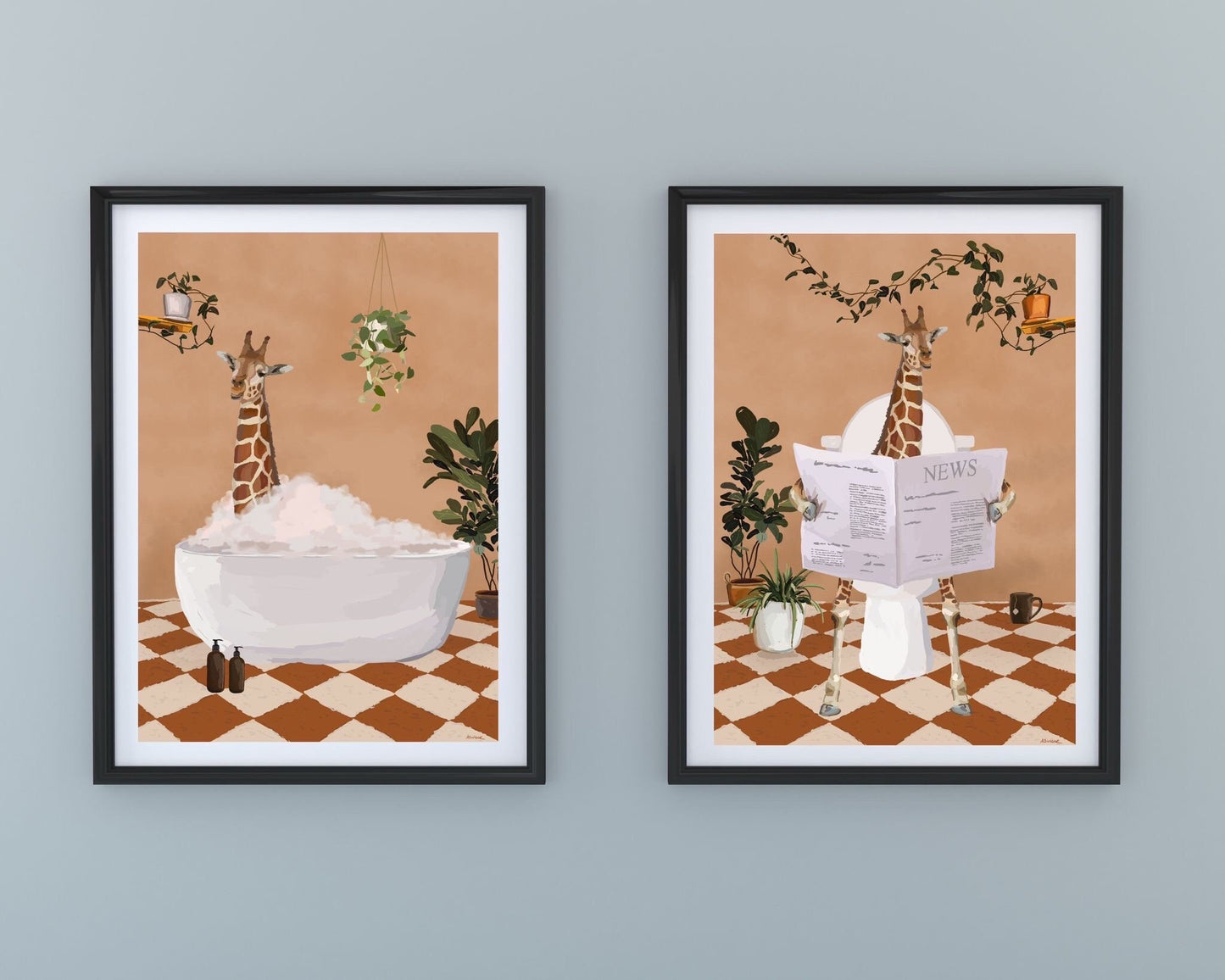 Set of Two Giraffe Bathroom Prints