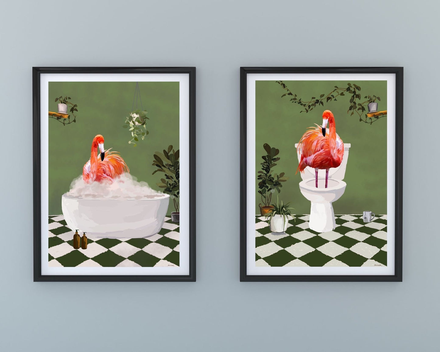 Set of Two Flamingo Bathroom Prints