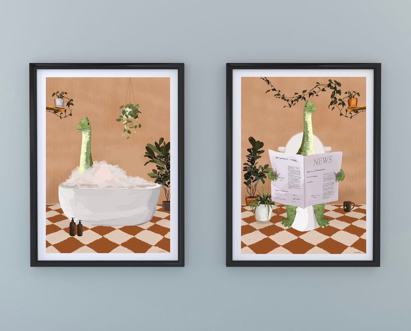 Set of Two Dinosaurs Bathroom Prints