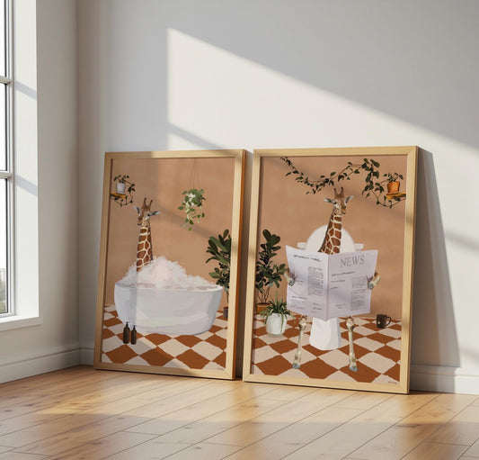 Set of Two Giraffe Bathroom Prints