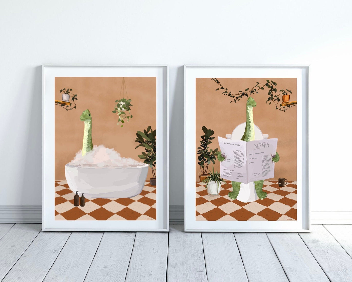 Set of Two Dinosaurs Bathroom Prints