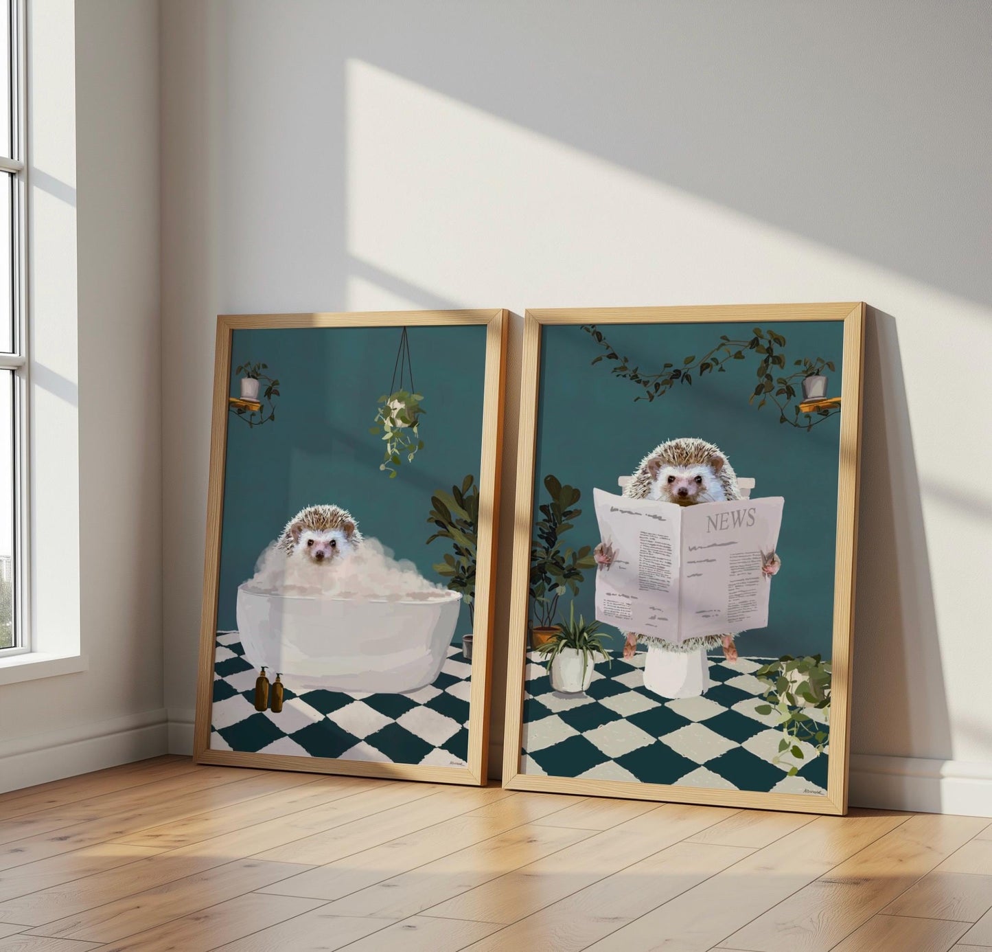 Set of Two Hedgehog Bathroom Prints