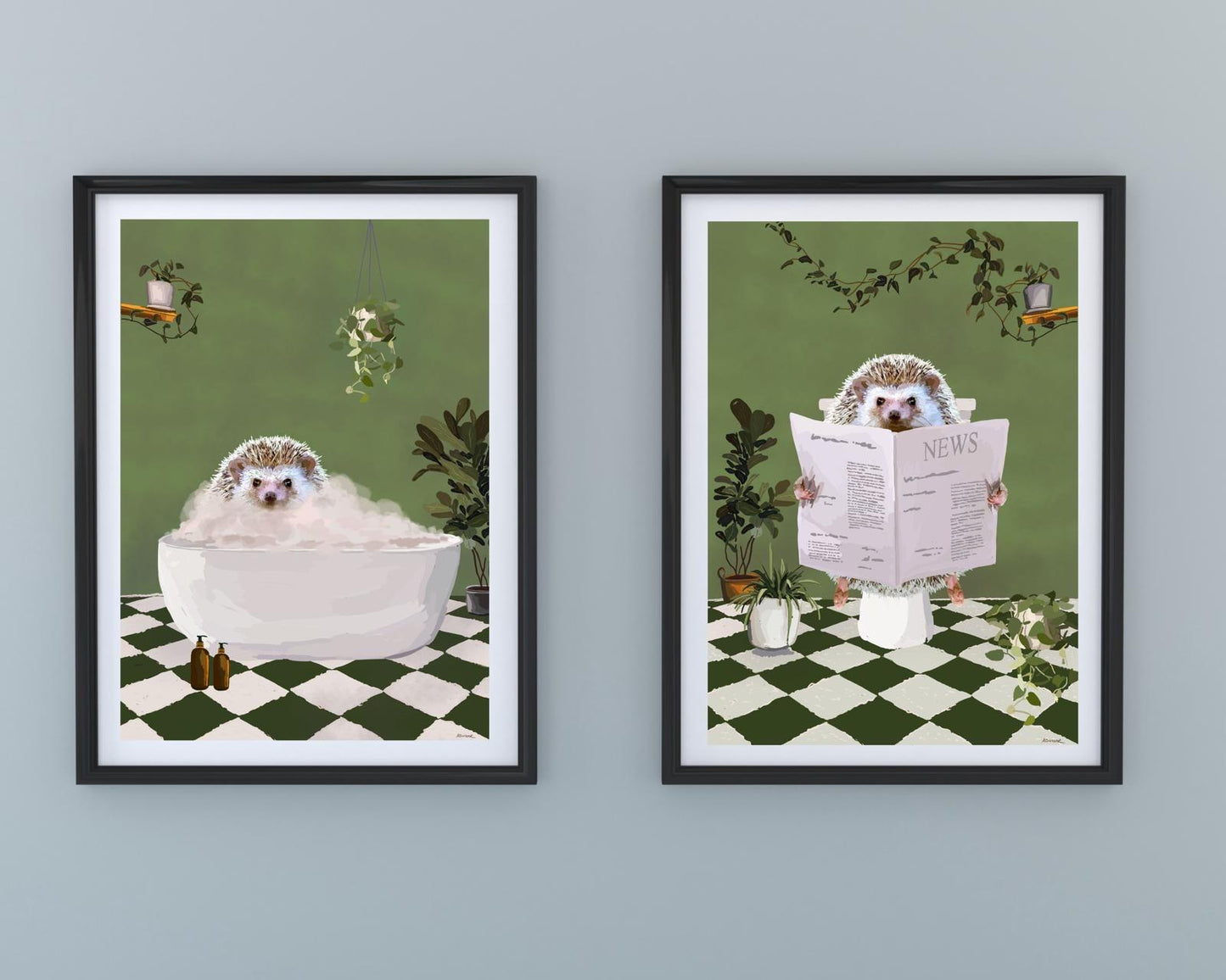 Set of Two Hedgehog Bathroom Prints