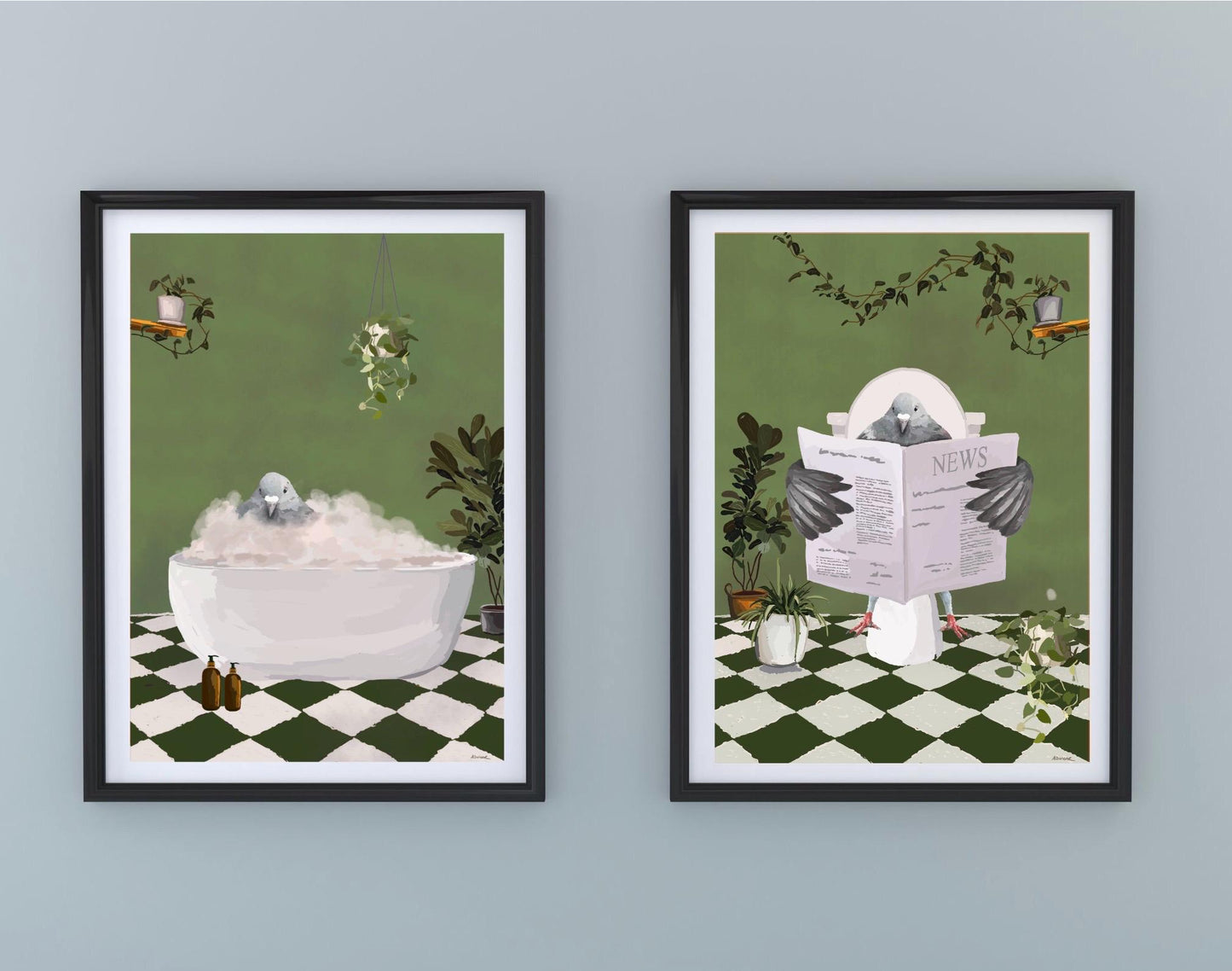 Set of Two Pigeon Bathroom Prints