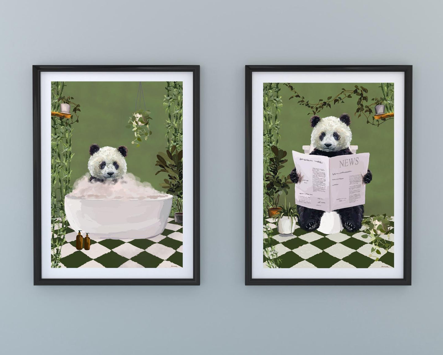 Set of Two Panda Bathroom Prints