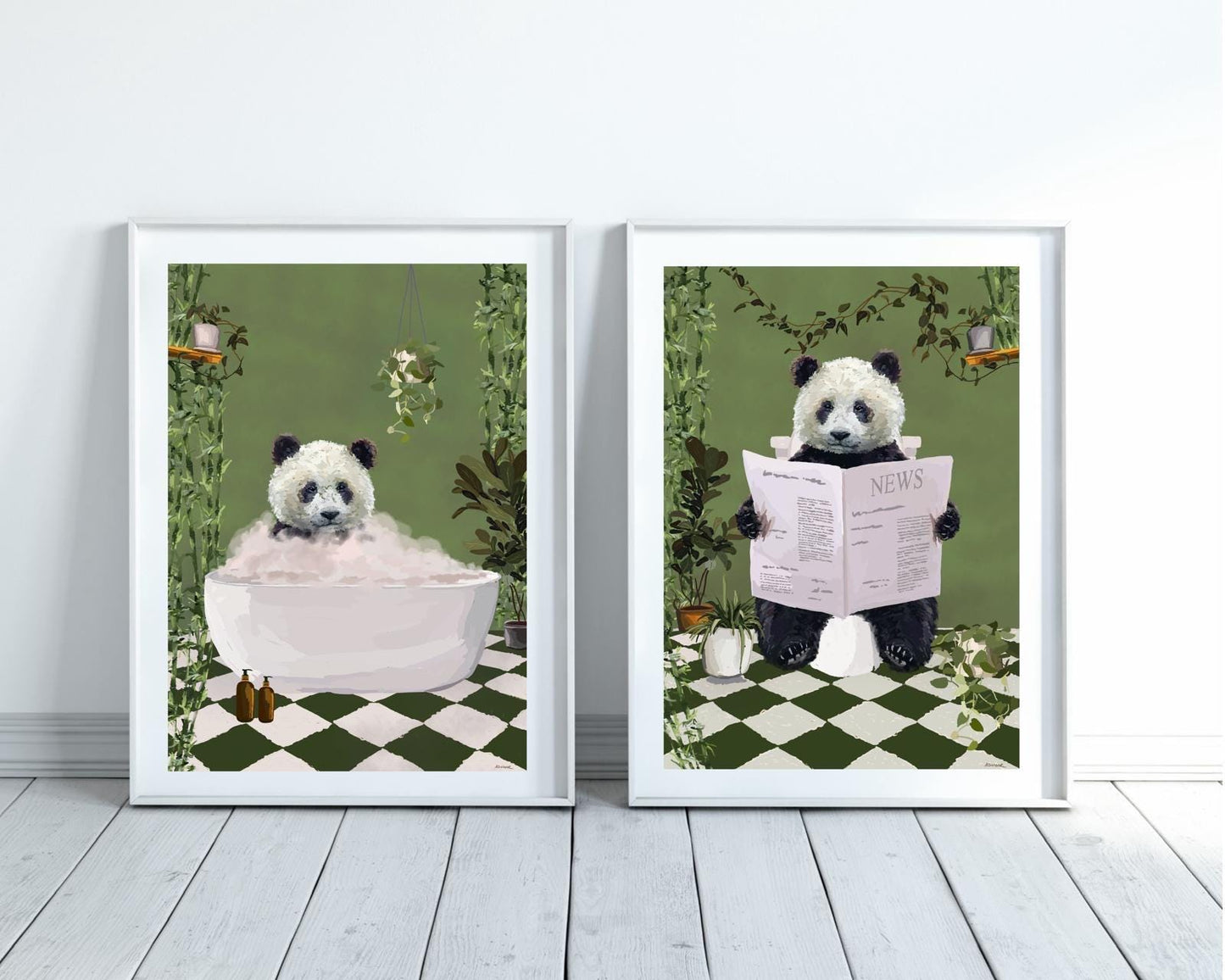 Set of Two Panda Bathroom Prints