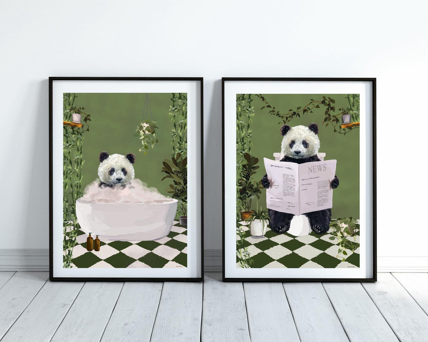 Set of Two Panda Bathroom Prints