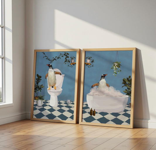 Set of Two Penguin Bathroom Prints