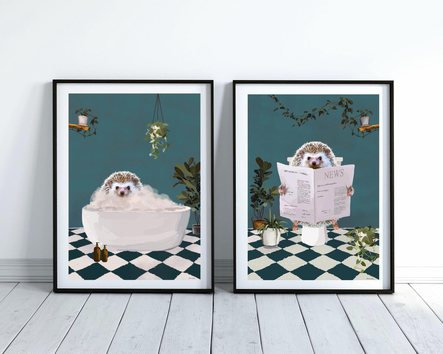 Set of Two Hedgehog Bathroom Prints