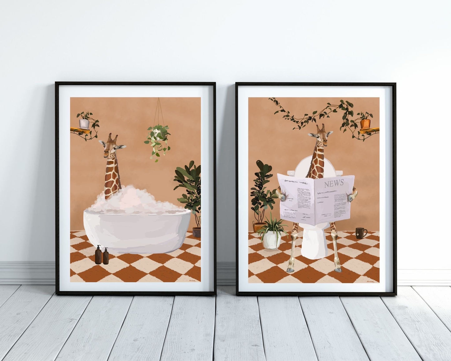 Set of Two Giraffe Bathroom Prints