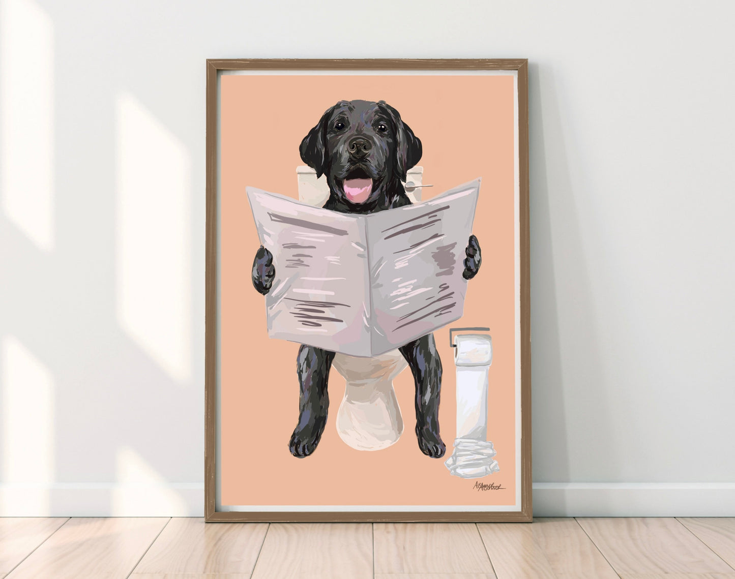 Black Labrador On Toilet Print
