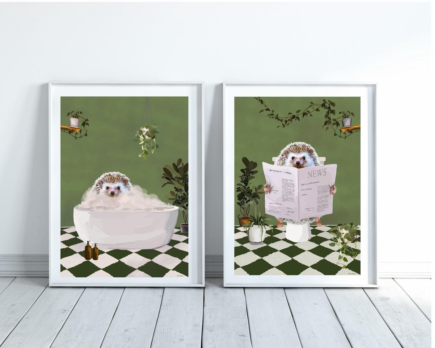 Set of Two Hedgehog Bathroom Prints