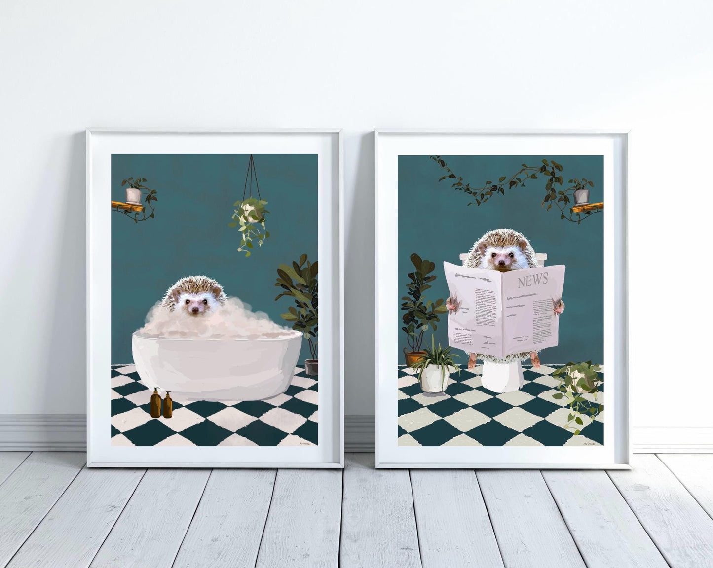 Set of Two Hedgehog Bathroom Prints