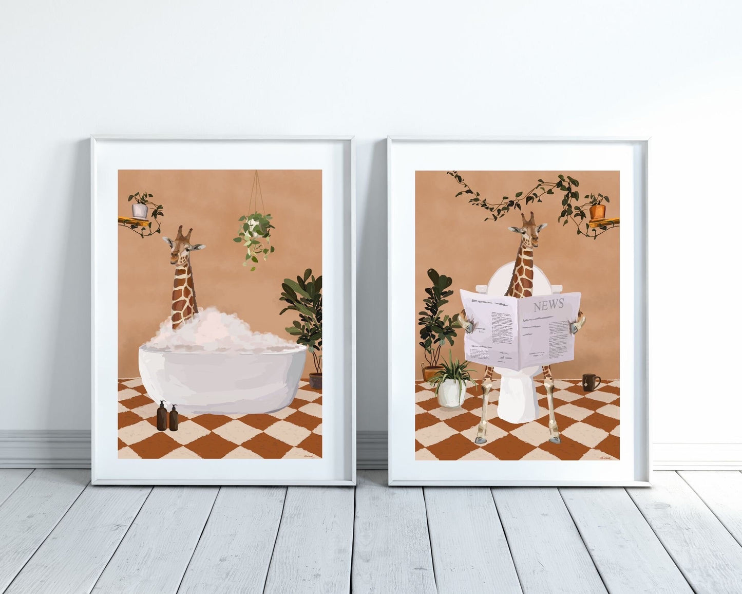 Set of Two Giraffe Bathroom Prints