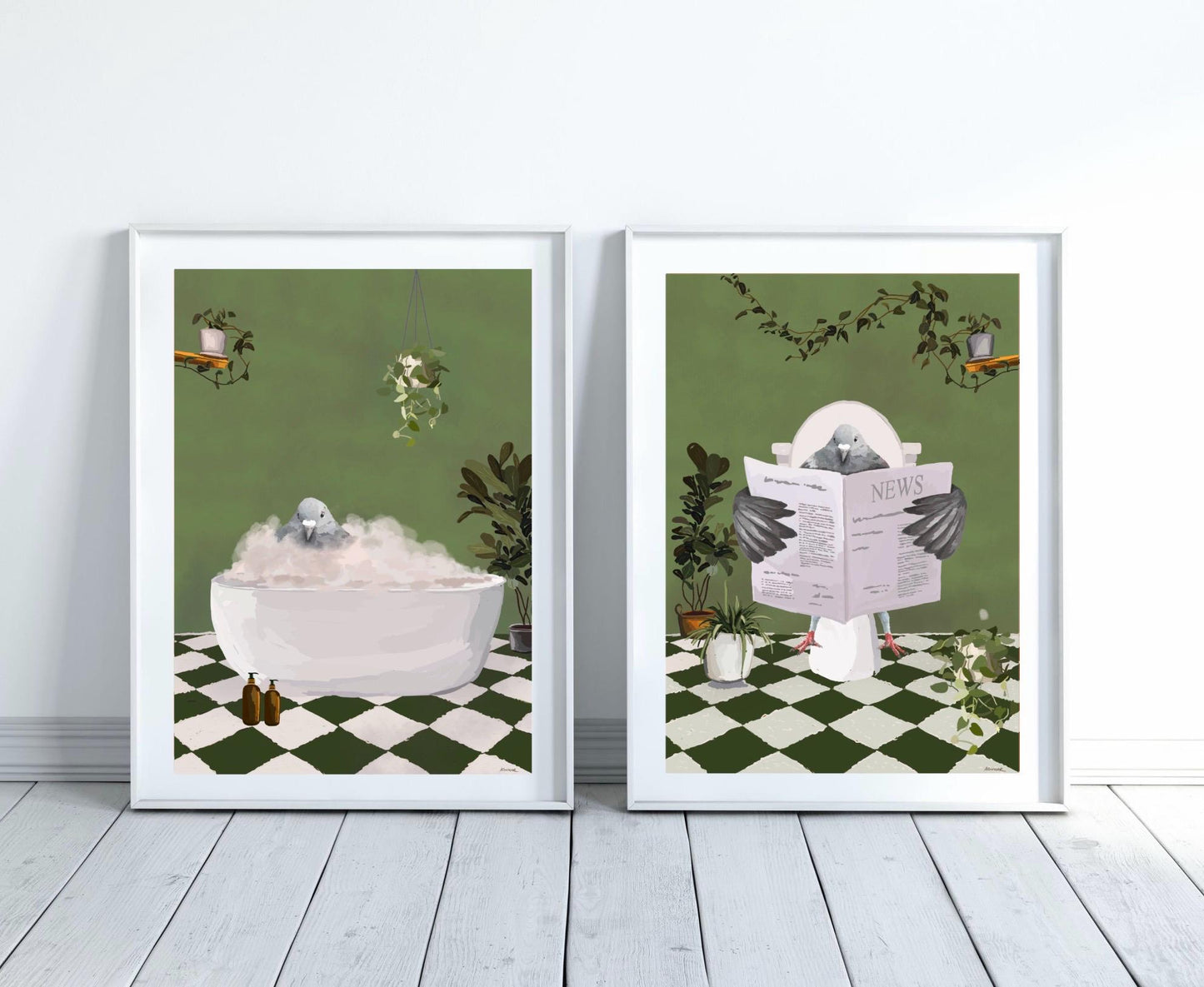 Set of Two Pigeon Bathroom Prints
