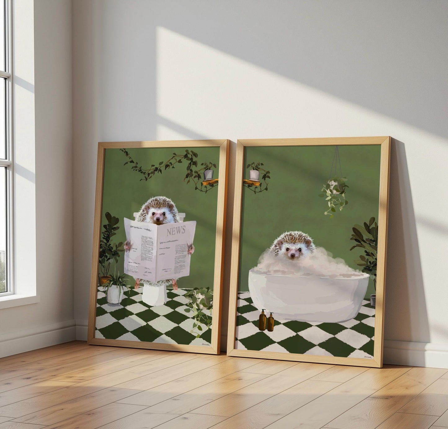 Set of Two Hedgehog Bathroom Prints