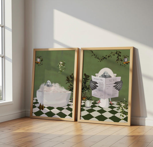 Set of Two Pigeon Bathroom Prints