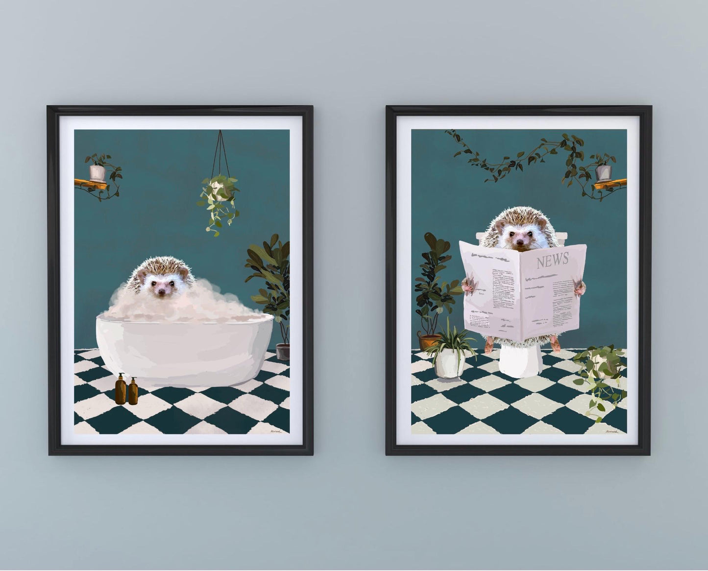 Set of Two Hedgehog Bathroom Prints
