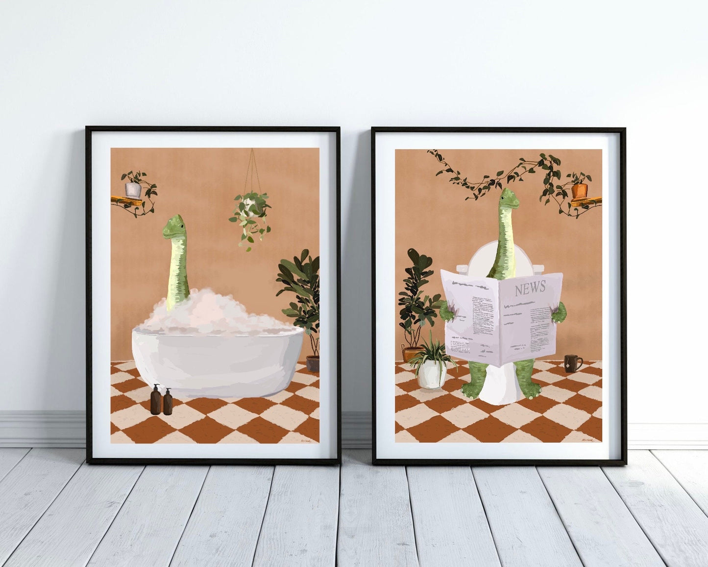 Set of Two Dinosaurs Bathroom Prints