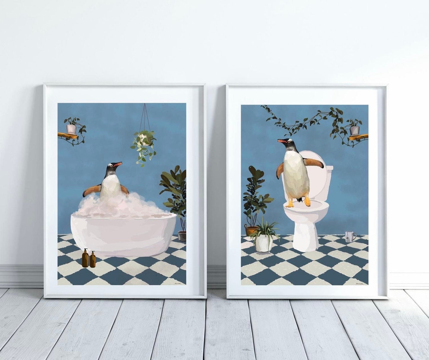 Set of Two Penguin Bathroom Prints
