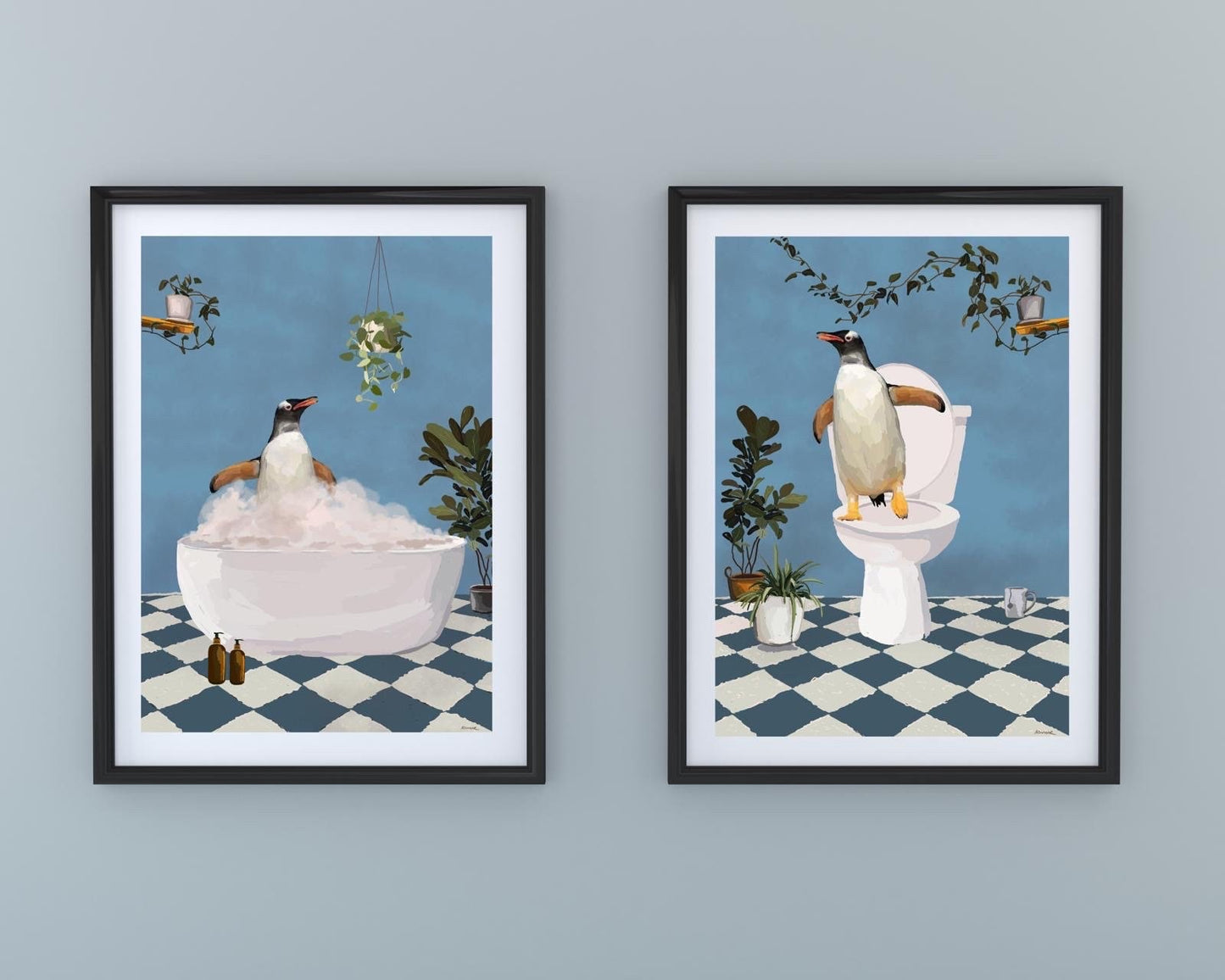 Set of Two Penguin Bathroom Prints