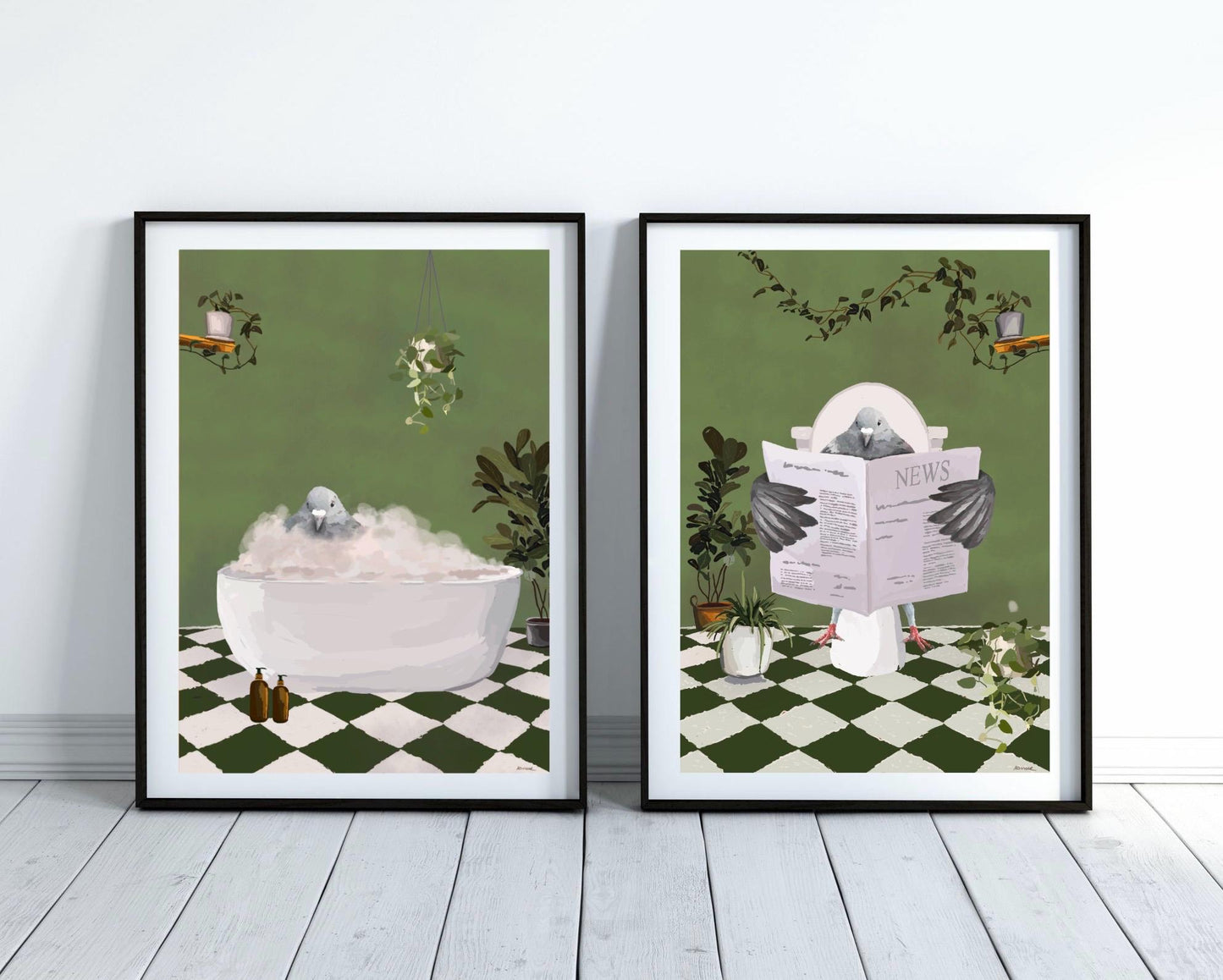 Set of Two Pigeon Bathroom Prints